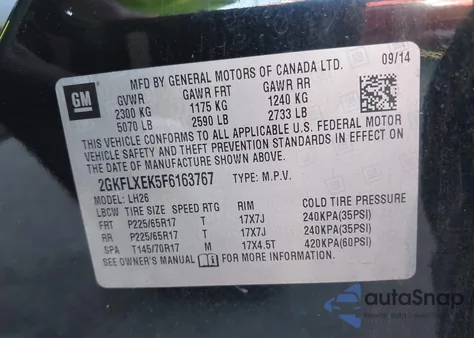 2015 GMC Terrain Slt-1 z USA, uszkodzony, nr VIN 2GKFLXEK5F6163767